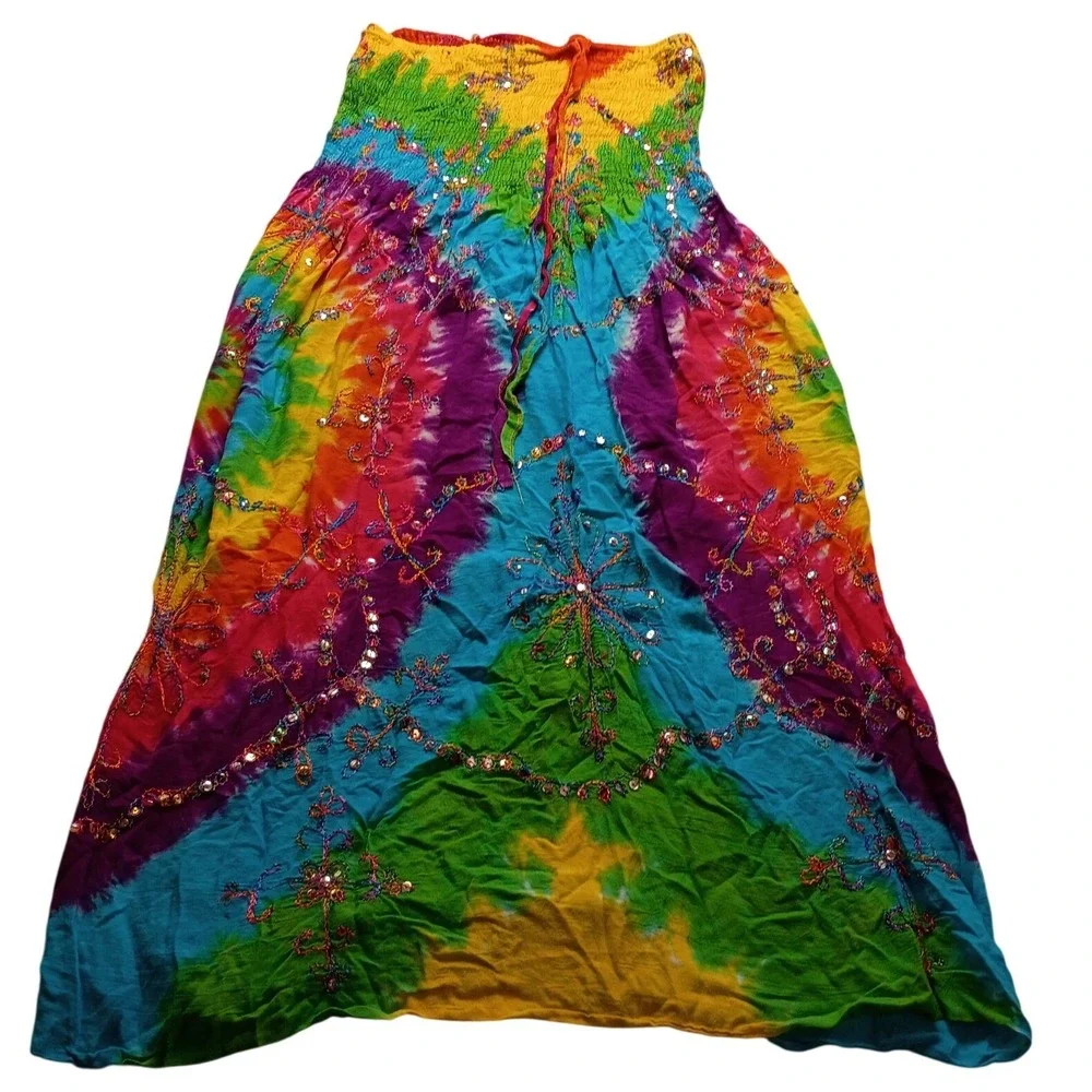Boho Rainbow Tie Dye Smocked Sequin Embroidered Maxi Skirt Festival Dress NWOT